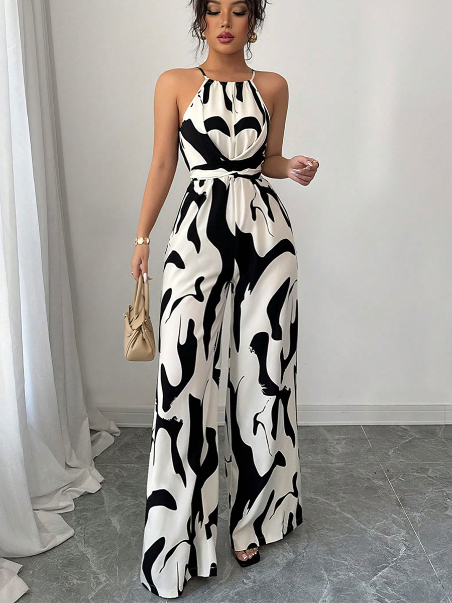 Women's milk pattern lace-up halterneck jumpsuit